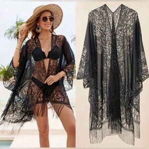 New Boho Solid Black Tassel Embroidered Sheer Kimono Festival Beach Cover Up NWT